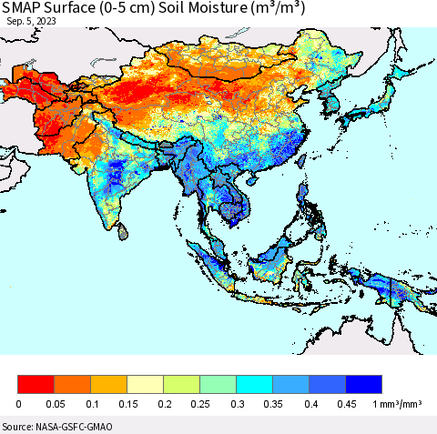 Asia SMAP Surface (0-5 cm) Soil Moisture (m³/m³) Thematic Map For 9/1/2023 - 9/5/2023