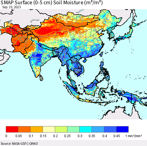 Asia SMAP Surface (0-5 cm) Soil Moisture (m³/m³) Thematic Map For 9/6/2023 - 9/10/2023