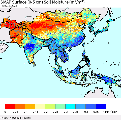 Asia SMAP Surface (0-5 cm) Soil Moisture (m³/m³) Thematic Map For 9/11/2023 - 9/15/2023