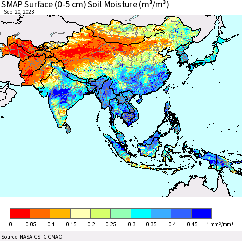 Asia SMAP Surface (0-5 cm) Soil Moisture (m³/m³) Thematic Map For 9/16/2023 - 9/20/2023