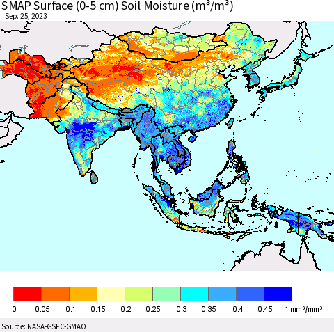 Asia SMAP Surface (0-5 cm) Soil Moisture (m³/m³) Thematic Map For 9/21/2023 - 9/25/2023