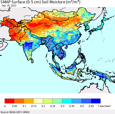 Asia SMAP Surface (0-5 cm) Soil Moisture (m³/m³) Thematic Map For 9/26/2023 - 9/30/2023