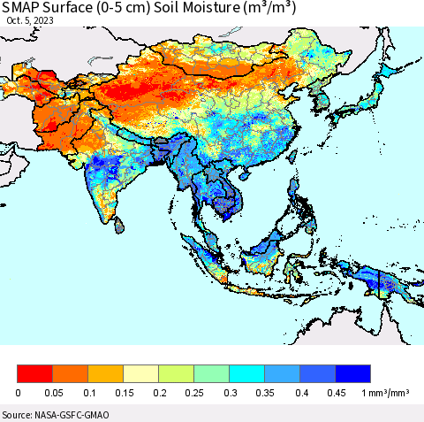 Asia SMAP Surface (0-5 cm) Soil Moisture (m³/m³) Thematic Map For 10/1/2023 - 10/5/2023