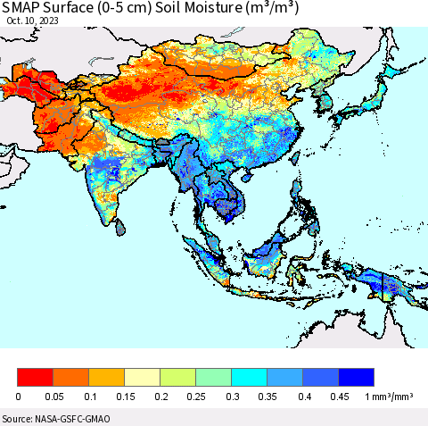 Asia SMAP Surface (0-5 cm) Soil Moisture (m³/m³) Thematic Map For 10/6/2023 - 10/10/2023