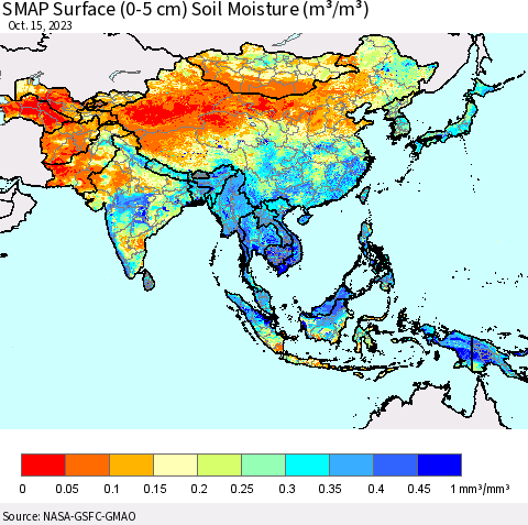 Asia SMAP Surface (0-5 cm) Soil Moisture (m³/m³) Thematic Map For 10/11/2023 - 10/15/2023