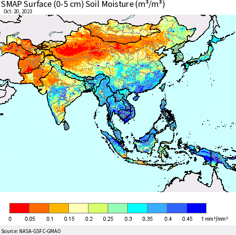 Asia SMAP Surface (0-5 cm) Soil Moisture (m³/m³) Thematic Map For 10/16/2023 - 10/20/2023