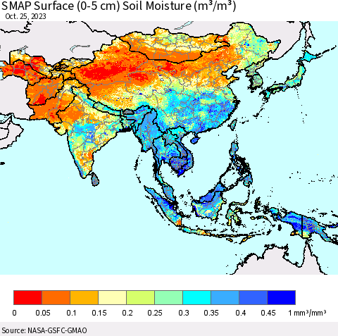 Asia SMAP Surface (0-5 cm) Soil Moisture (m³/m³) Thematic Map For 10/21/2023 - 10/25/2023