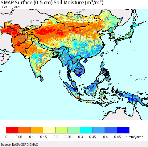 Asia SMAP Surface (0-5 cm) Soil Moisture (m³/m³) Thematic Map For 10/26/2023 - 10/31/2023