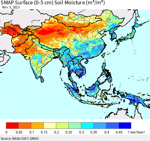Asia SMAP Surface (0-5 cm) Soil Moisture (m³/m³) Thematic Map For 11/1/2023 - 11/5/2023