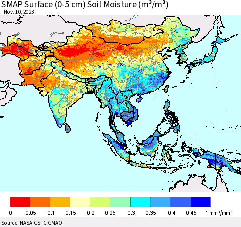 Asia SMAP Surface (0-5 cm) Soil Moisture (m³/m³) Thematic Map For 11/6/2023 - 11/10/2023