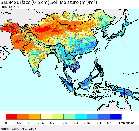 Asia SMAP Surface (0-5 cm) Soil Moisture (m³/m³) Thematic Map For 11/11/2023 - 11/15/2023