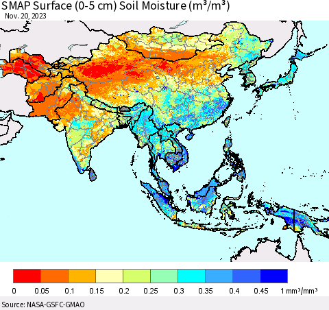 Asia SMAP Surface (0-5 cm) Soil Moisture (m³/m³) Thematic Map For 11/16/2023 - 11/20/2023
