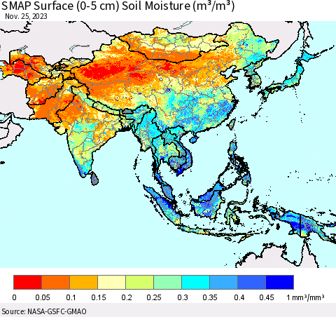 Asia SMAP Surface (0-5 cm) Soil Moisture (m³/m³) Thematic Map For 11/21/2023 - 11/25/2023