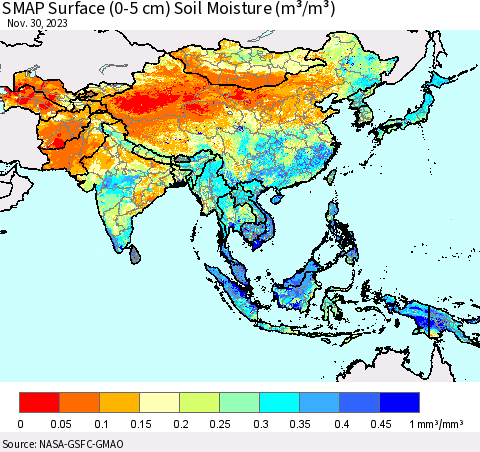Asia SMAP Surface (0-5 cm) Soil Moisture (m³/m³) Thematic Map For 11/26/2023 - 11/30/2023