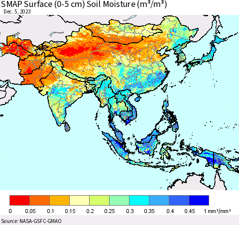 Asia SMAP Surface (0-5 cm) Soil Moisture (m³/m³) Thematic Map For 12/1/2023 - 12/5/2023