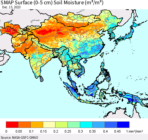 Asia SMAP Surface (0-5 cm) Soil Moisture (m³/m³) Thematic Map For 12/11/2023 - 12/15/2023