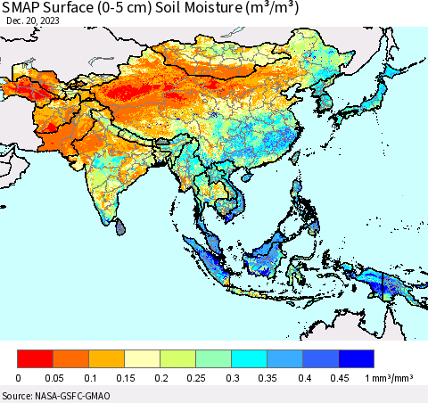Asia SMAP Surface (0-5 cm) Soil Moisture (m³/m³) Thematic Map For 12/16/2023 - 12/20/2023