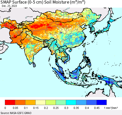 Asia SMAP Surface (0-5 cm) Soil Moisture (m³/m³) Thematic Map For 12/21/2023 - 12/25/2023