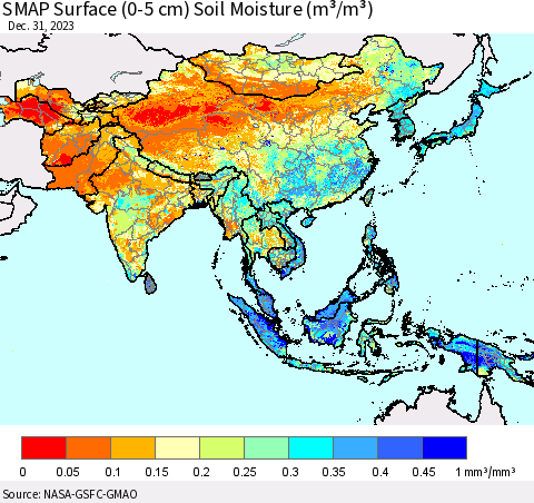 Asia SMAP Surface (0-5 cm) Soil Moisture (m³/m³) Thematic Map For 12/26/2023 - 12/31/2023
