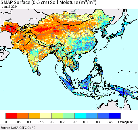 Asia SMAP Surface (0-5 cm) Soil Moisture (m³/m³) Thematic Map For 1/1/2024 - 1/5/2024
