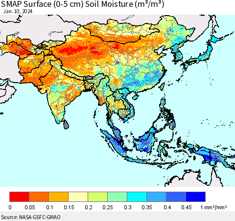 Asia SMAP Surface (0-5 cm) Soil Moisture (m³/m³) Thematic Map For 1/6/2024 - 1/10/2024