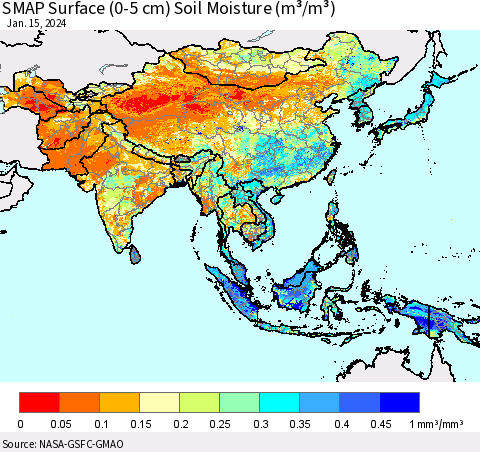 Asia SMAP Surface (0-5 cm) Soil Moisture (m³/m³) Thematic Map For 1/11/2024 - 1/15/2024