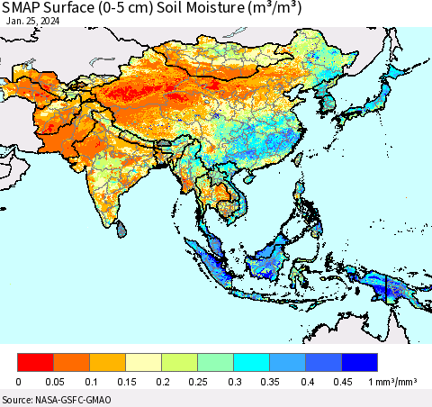 Asia SMAP Surface (0-5 cm) Soil Moisture (m³/m³) Thematic Map For 1/21/2024 - 1/25/2024