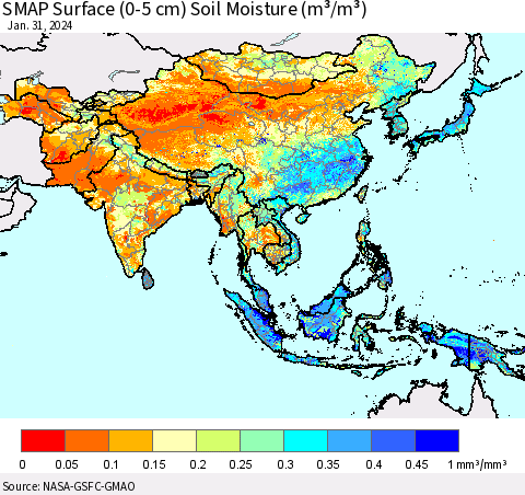 Asia SMAP Surface (0-5 cm) Soil Moisture (m³/m³) Thematic Map For 1/26/2024 - 1/31/2024