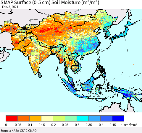 Asia SMAP Surface (0-5 cm) Soil Moisture (m³/m³) Thematic Map For 2/1/2024 - 2/5/2024