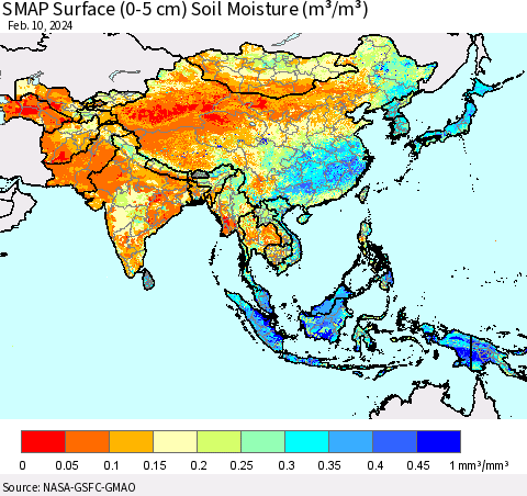 Asia SMAP Surface (0-5 cm) Soil Moisture (m³/m³) Thematic Map For 2/6/2024 - 2/10/2024