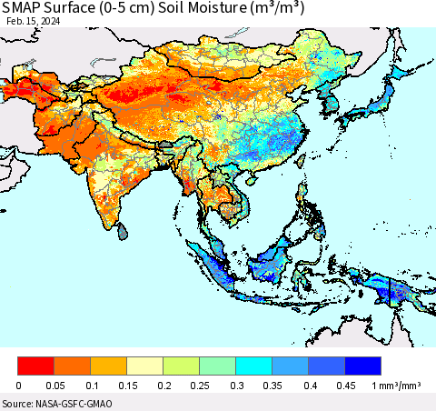 Asia SMAP Surface (0-5 cm) Soil Moisture (m³/m³) Thematic Map For 2/11/2024 - 2/15/2024