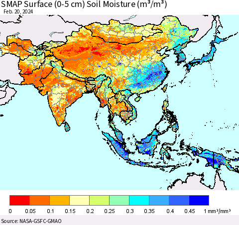 Asia SMAP Surface (0-5 cm) Soil Moisture (m³/m³) Thematic Map For 2/16/2024 - 2/20/2024
