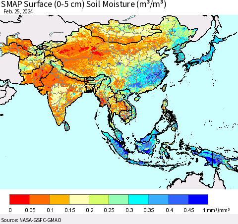 Asia SMAP Surface (0-5 cm) Soil Moisture (m³/m³) Thematic Map For 2/21/2024 - 2/25/2024