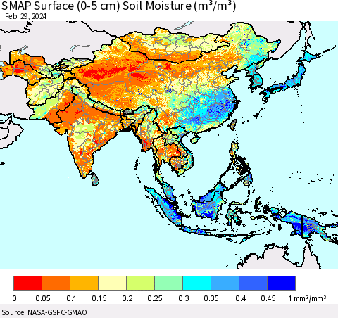 Asia SMAP Surface (0-5 cm) Soil Moisture (m³/m³) Thematic Map For 2/26/2024 - 2/29/2024