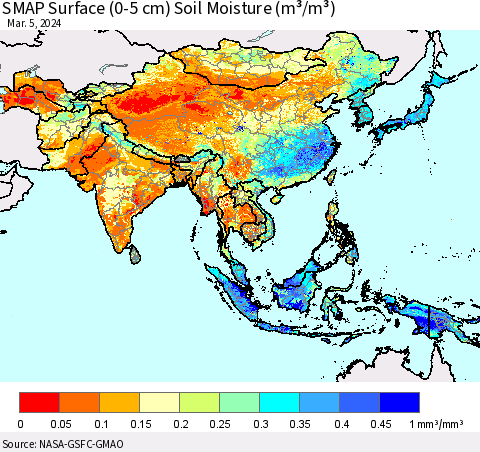 Asia SMAP Surface (0-5 cm) Soil Moisture (m³/m³) Thematic Map For 3/1/2024 - 3/5/2024