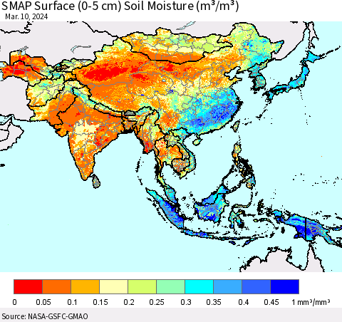 Asia SMAP Surface (0-5 cm) Soil Moisture (m³/m³) Thematic Map For 3/6/2024 - 3/10/2024