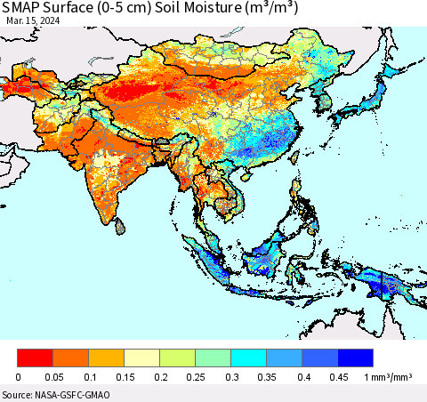 Asia SMAP Surface (0-5 cm) Soil Moisture (m³/m³) Thematic Map For 3/11/2024 - 3/15/2024