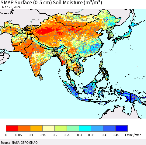 Asia SMAP Surface (0-5 cm) Soil Moisture (m³/m³) Thematic Map For 3/16/2024 - 3/20/2024