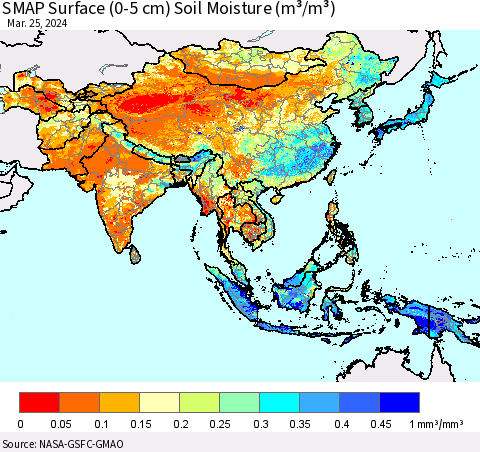 Asia SMAP Surface (0-5 cm) Soil Moisture (m³/m³) Thematic Map For 3/21/2024 - 3/25/2024