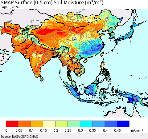 Asia SMAP Surface (0-5 cm) Soil Moisture (m³/m³) Thematic Map For 4/1/2024 - 4/5/2024