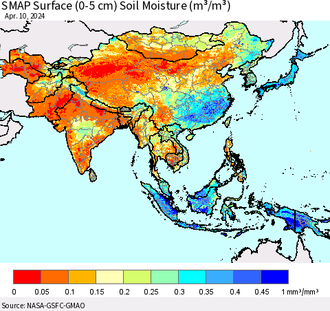 Asia SMAP Surface (0-5 cm) Soil Moisture (m³/m³) Thematic Map For 4/6/2024 - 4/10/2024