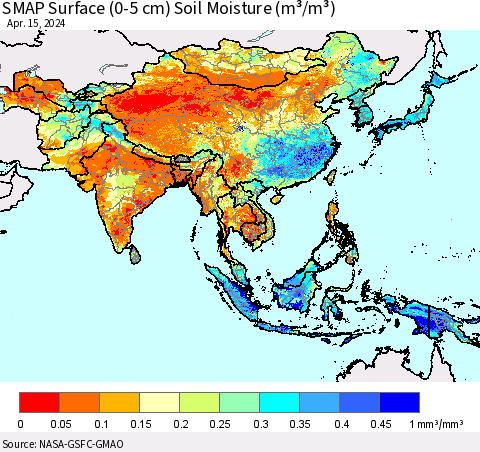 Asia SMAP Surface (0-5 cm) Soil Moisture (m³/m³) Thematic Map For 4/11/2024 - 4/15/2024