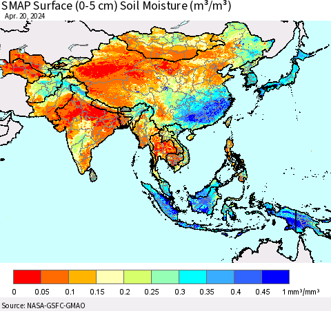 Asia SMAP Surface (0-5 cm) Soil Moisture (m³/m³) Thematic Map For 4/16/2024 - 4/20/2024