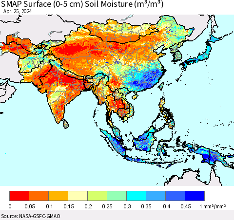 Asia SMAP Surface (0-5 cm) Soil Moisture (m³/m³) Thematic Map For 4/21/2024 - 4/25/2024