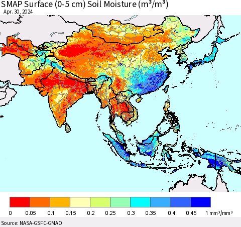 Asia SMAP Surface (0-5 cm) Soil Moisture (m³/m³) Thematic Map For 4/26/2024 - 4/30/2024