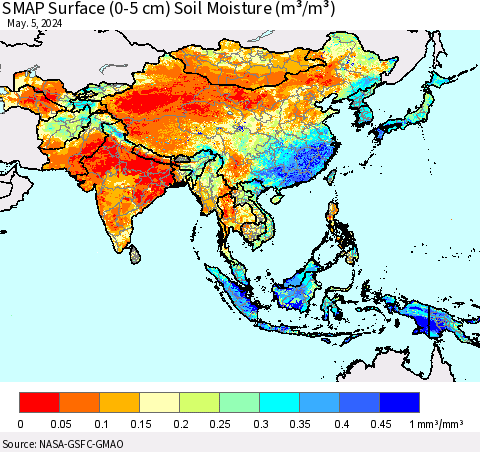 Asia SMAP Surface (0-5 cm) Soil Moisture (m³/m³) Thematic Map For 5/1/2024 - 5/5/2024