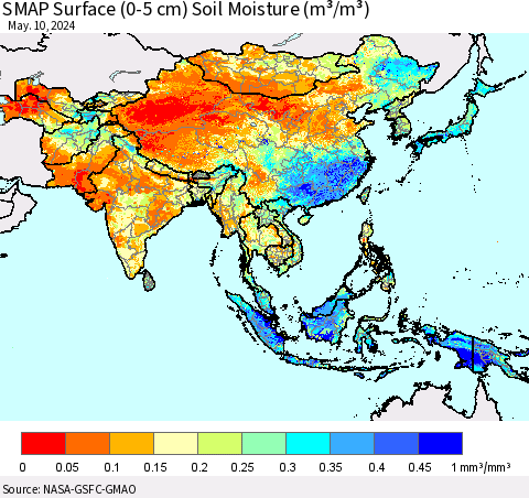 Asia SMAP Surface (0-5 cm) Soil Moisture (m³/m³) Thematic Map For 5/6/2024 - 5/10/2024