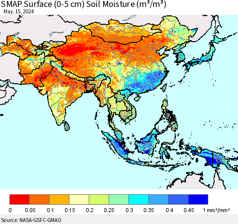 Asia SMAP Surface (0-5 cm) Soil Moisture (m³/m³) Thematic Map For 5/11/2024 - 5/15/2024