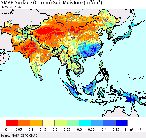 Asia SMAP Surface (0-5 cm) Soil Moisture (m³/m³) Thematic Map For 5/16/2024 - 5/20/2024