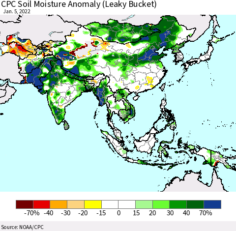 Asia CPC Soil Moisture Anomaly (Leaky Bucket) Thematic Map For 1/1/2022 - 1/5/2022